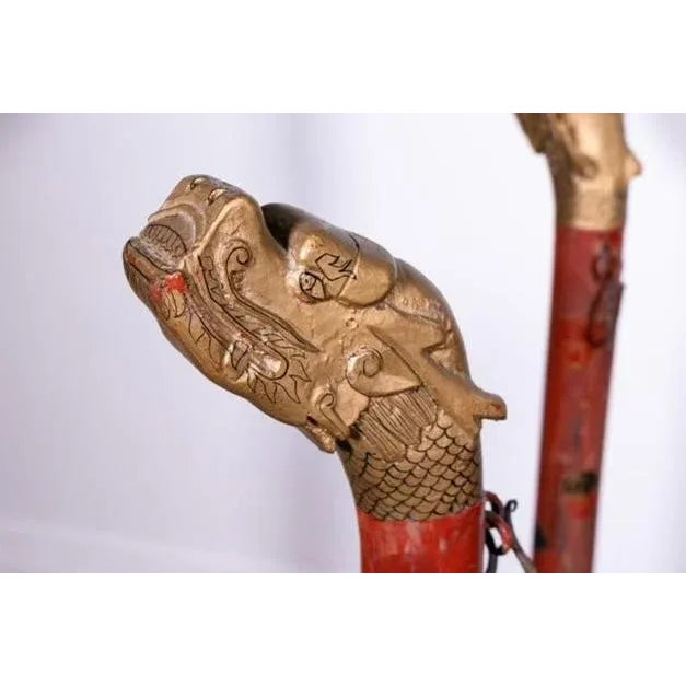 Pair of Early 20th Century Antique Chinese Polychrome Gilt Decorated Red Drum Glass Top Tables For Sale In Detroit - Image 6 of 12
