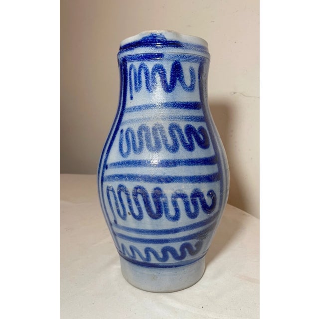 Antique 1800's Handmade Stoneware Salt Glazed Pitcher Pottery Jug Vase Handle For Sale In New York - Image 6 of 8
