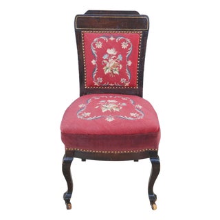 Antique English Edwardian Mahogany Needlepoint Nailhead Parlor Vanity Desk Chair For Sale