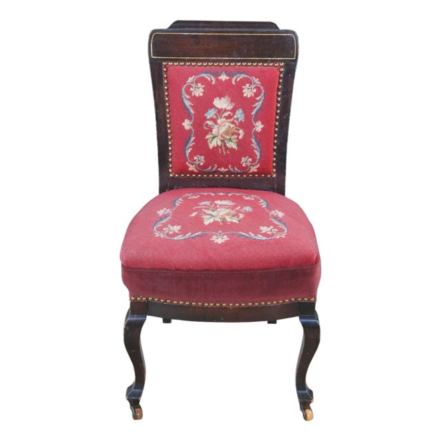 Antique English Edwardian Mahogany Needlepoint Nailhead Parlor Vanity Desk Chair For Sale