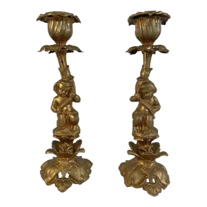 Antique French Gilded Cherub Candlesticks - a Pair