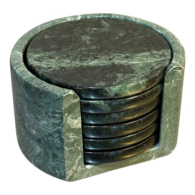 1970s Green Marble Postmodern Coasters in stand - Set of 6 For Sale