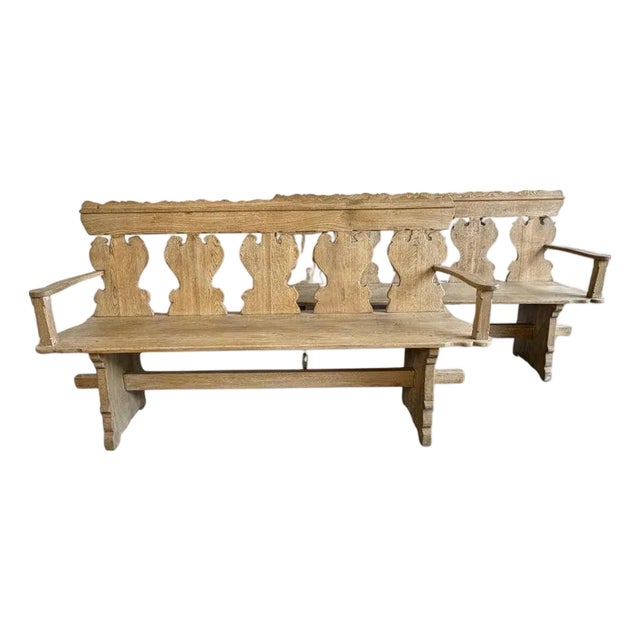 Rustic Hand-Carved Oak Benches, Pair, Folk Art / Spanish Colonial Style For Sale