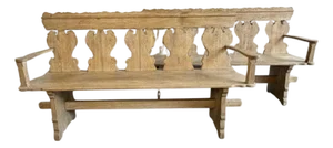 Rustic Hand-Carved Oak Benches, Pair, Folk Art / Spanish Colonial Style