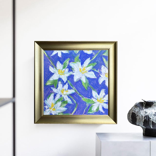 Abstract Original Framed Daisy Garden Painting, White Blue Green Floral Wall Art, Oil on Canvas in Gold Frame, 14x14 Maximalist Boho Home Decor For Sale - Image 3 of 4
