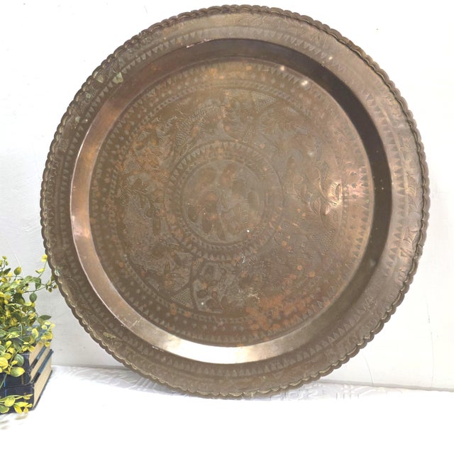 Vintage Brass Wall Tray, 24 Inch Peacock Deer Chinoiserie Chinese Fu Decor Table Top For Sale - Image 11 of 12