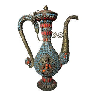 Antique Early 19th Century Handmade Tibetan Coral Turquoise Bronze Pitcher Pot For Sale