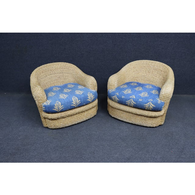 Pair of Custom Wicker Swivel Lounge Chairs Attributed to Century Furniture, 1980s For Sale - Image 10 of 13