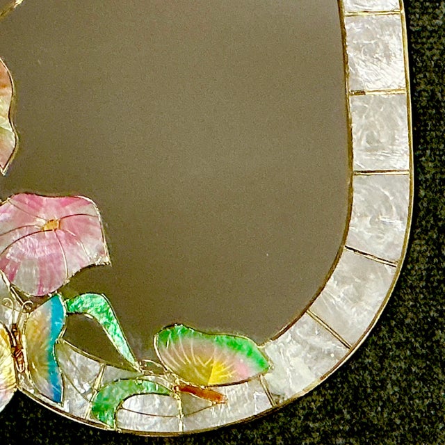 1980s Coastal Boho Chic Capiz Shell Wall Mirror With Butterflies & Morning Glory For Sale - Image 6 of 12