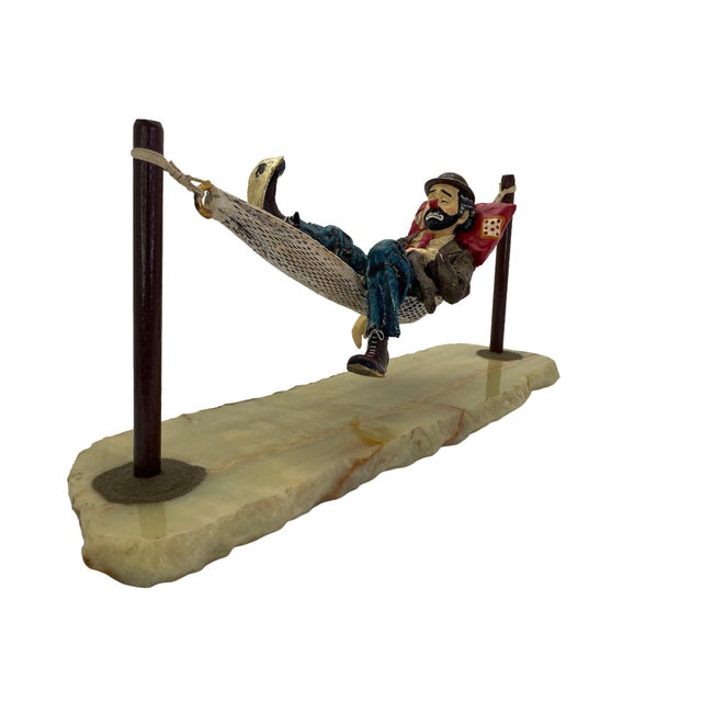 Signed Ron Lee Hobo Clown Resting in Hammock Sculpture on Natural Onyx Base, 1988 For Sale - Image 4 of 18