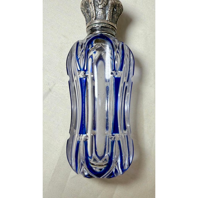 Blue Antique 1800's European Cut to Clear Crystal Sterling Silver Perfume Bottle Jar For Sale - Image 8 of 15