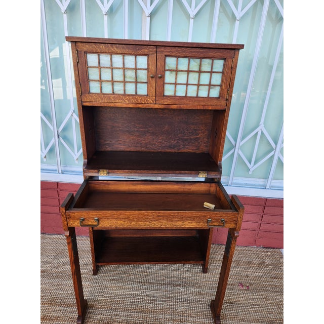 Mission Antique Mission Style Wood Secretary Desk Hutch Stained Glass For Sale - Image 3 of 12