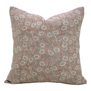 Handmade Floral Print Decorative Cushion Cover in Thick Linen 18x18 Inch -Haridwar For Sale