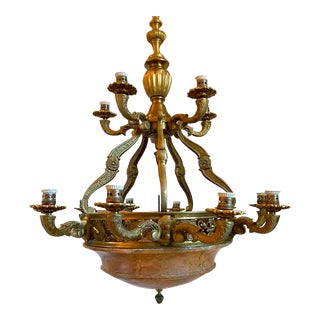 Large Vintage Argentine Gilt Brass and Alabaster 17-Light Chandelier For Sale