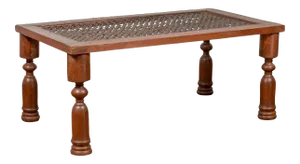 Antique Indian Wooden Coffee Table with Window Grate and Turned Baluster Legs