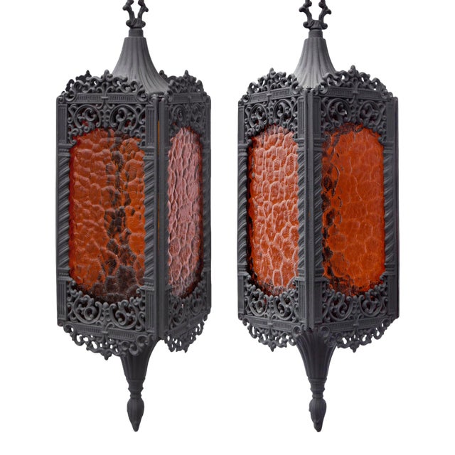 1960s Hanging Lanterns With Amber & Clear Glass Windows - a Pair For Sale