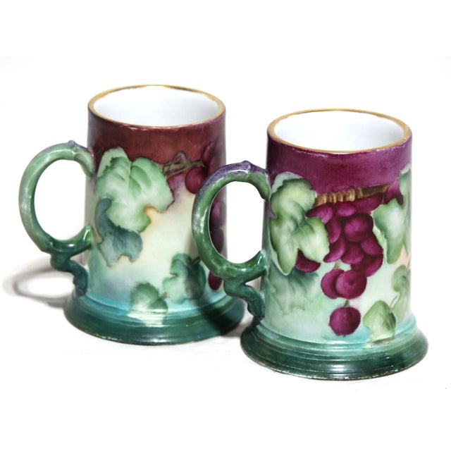 Art Nouveau Pair of Beautiful Antique JPL Limoges Hand Painted Grape Themed Porcelain Tankards For Sale - Image 3 of 6