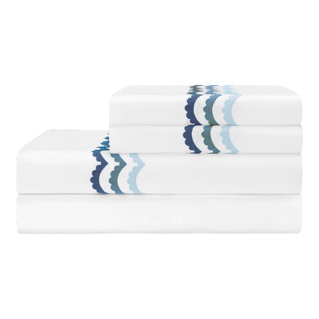 Celerie Kemble + Hamburg House Whimsical Blue Scallop Queen Sheet Set - 4 Pieces For Sale