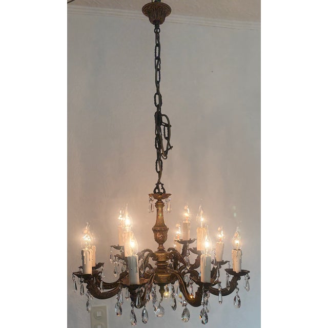 Vintage French Brass and Lead Crystal Chandelier, 1950s For Sale - Image 6 of 14