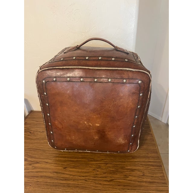 1990s Tooled Leather Ottoman Plain With Nailheads Antique Brown For Sale - Image 5 of 12
