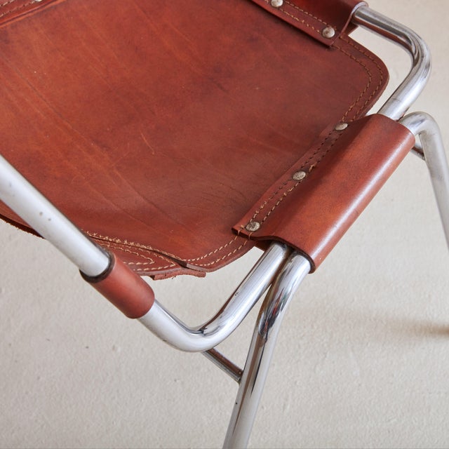 Metal Set of 6 Cognac Leather Les Arcs Chairs Attributed to Charlotte Perriand For Sale - Image 7 of 11