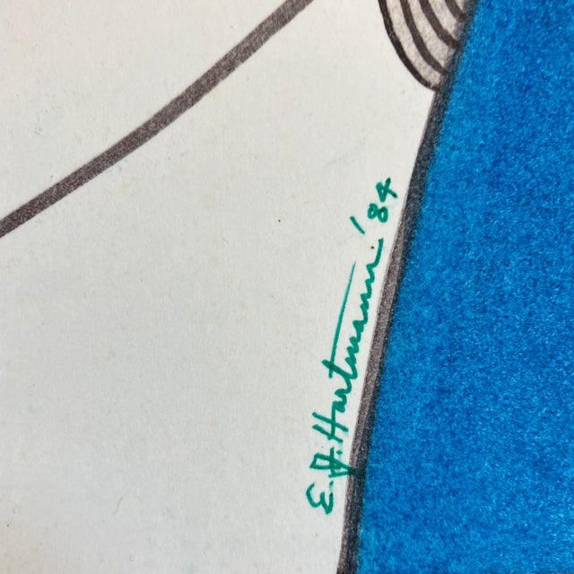 1980’s 2 Original E.J.Hartmann Abstract Portrait Colored Marker Drawings-A Pair For Sale - Image 4 of 7