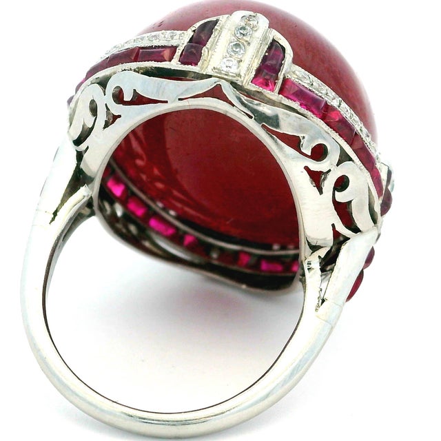 Vintage Platinum Cabochon Ruby, Ruby and Diamond Statement Ring, Size 6.5 For Sale In Miami - Image 6 of 15