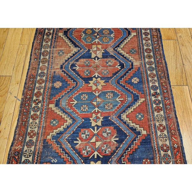 Blue Vintage Persian Kurdish Tribal Rug, Hand-Knotted Wool, Geometric Pattern, Blue & Rust-Red, 4x8 For Sale - Image 8 of 14