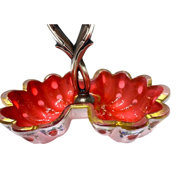 Early 19th Century Antique Viennese Biedermeier Ruby Opaline Glass Bonbon Dish With Gilt Floral Enamel Decoration & Silver Handle, c.1830 For Sale - Image 5 of 16