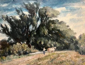 Jose Fabri-Conti, Farmer and Horses, Oil on Canvas, 1953