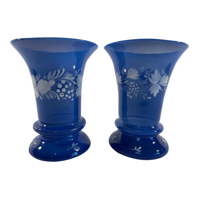 Small Vintage Royal Blue Hand Painted Opaline Vases - a Pair For Sale