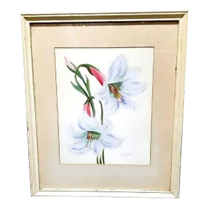 1940s Mid-Century Hawaiian Two Lilies Oil Painting on Paper Signed E. Wolf, Framed