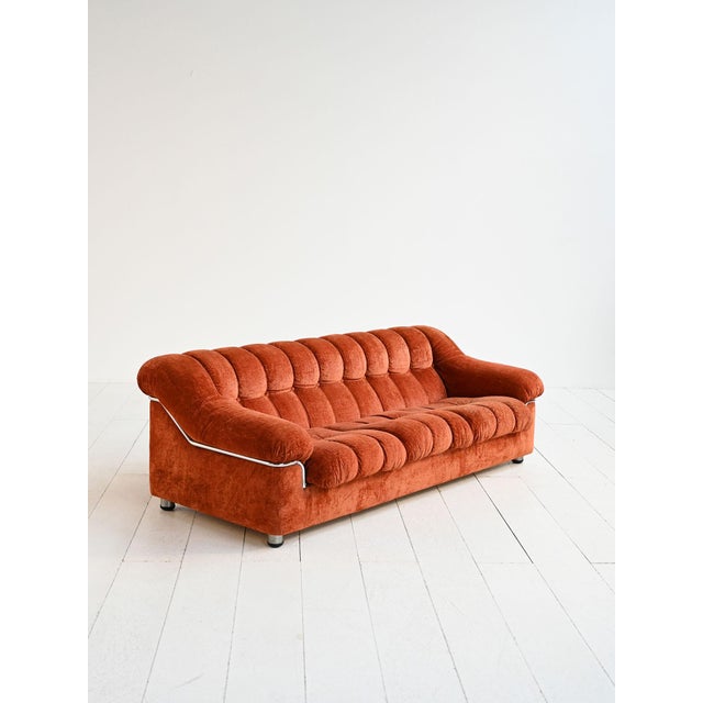 Vintage Rust-Colored Velvet Sofa with Metal Details, 1970s For Sale - Image 3 of 11