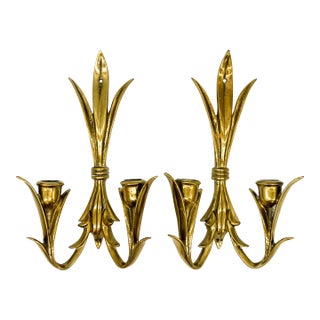 20th Century Hollywood Regency Brass Leaf Candle Wall Sconces- a Pair For Sale