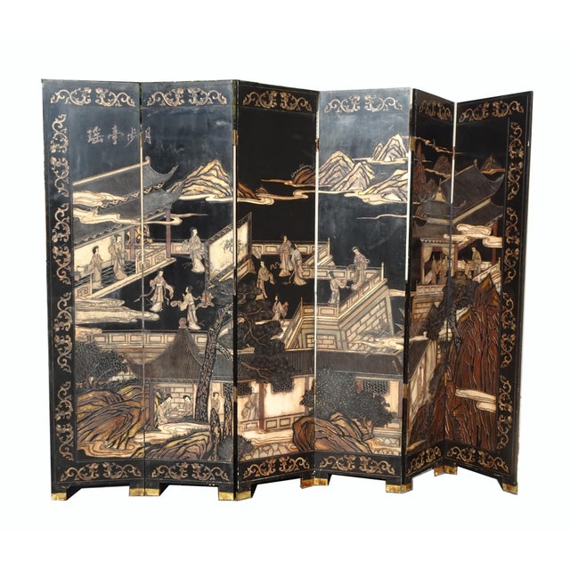 Chinoiserie Vintage Oriental Asian Palace City Coromandel Chinoiserie Black Six Panel Screen For Sale - Image 3 of 17