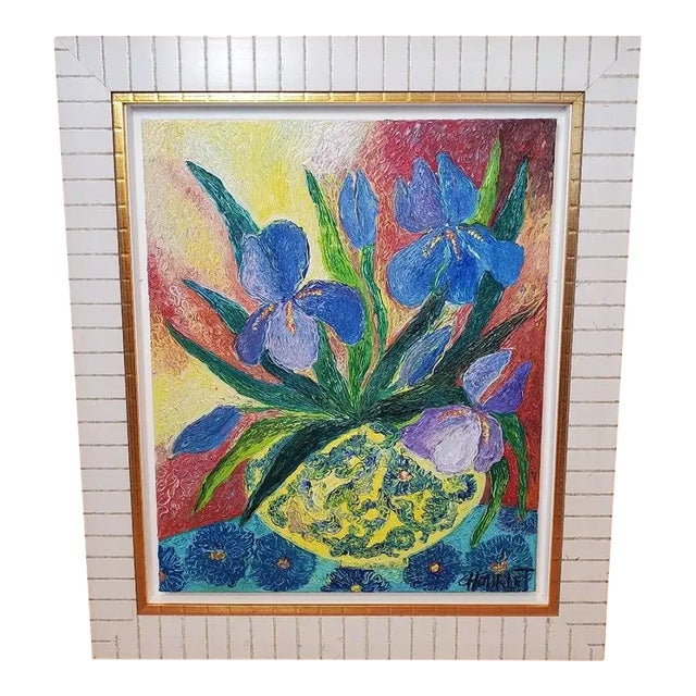 Original Céline Chourlet "Bouquet d'Iris Mauve" Oil Painting With Coa For Sale