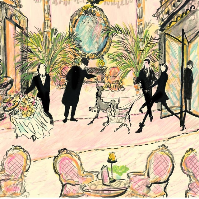 Two fanciful poodles greet those in the lobby as a waiter rushes by with a room service cart.