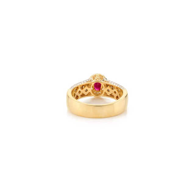 Art Deco Oval Shaped Ruby & Cluster Diamond Cocktail Ring Size 5.5 For Sale - Image 3 of 9
