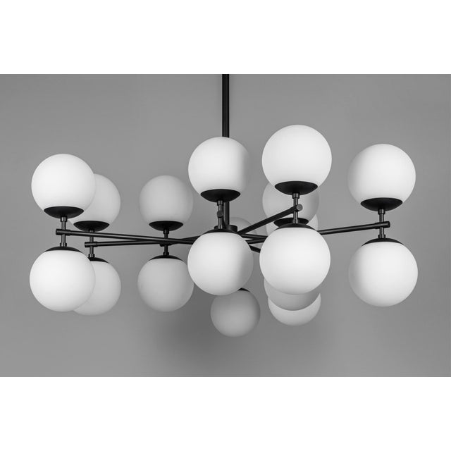 Metal Zodiac 18-Light Contemporary Mirrored Glass Globe Chandelier - Brass, Gunmetal, Nickel, Opal Mat, Marbled, Ribbon Glass - Made to Order by Schwung For Sale - Image 7 of 12