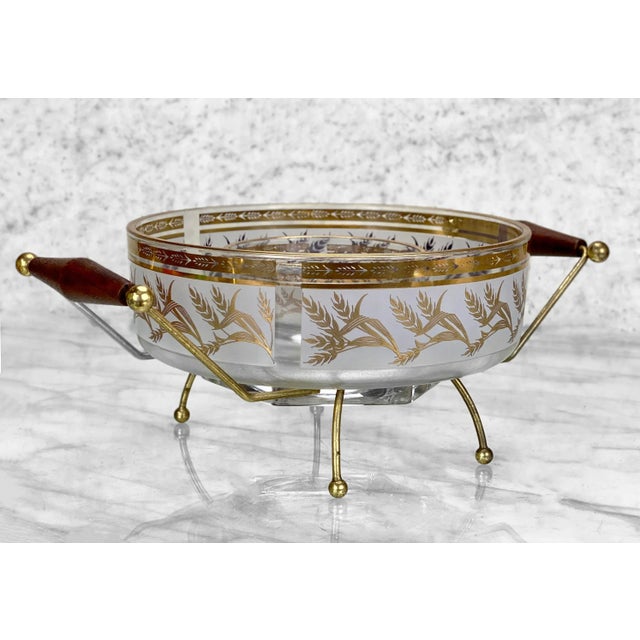Mid-Century Modern Mid-Century Golden Foliage Wheat Double Glass Bowl Chip & Dip Serving Caddy For Sale - Image 3 of 10