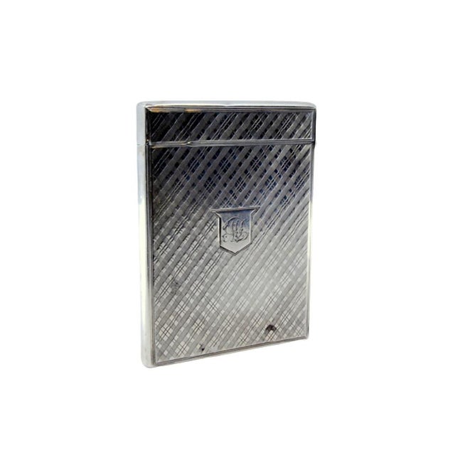 Guilloche Silver Cardboard Box with Central Monogram Card and Hinged Lid For Sale - Image 11 of 11