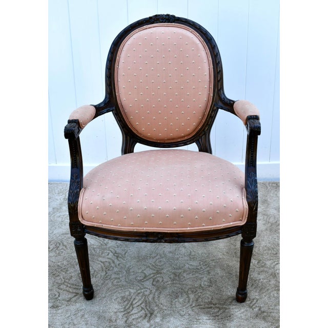 Carved Wood Bergere Chair Louis XVI Style Medallion Oval Back Pink Fabric 50s For Sale - Image 13 of 13