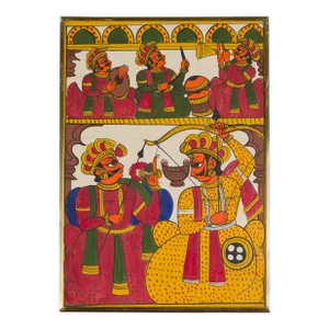 Antique Hand Painted Indian Folk Art Musicians & Archers Painting