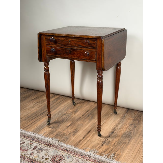 English Regency Rosewood Two-Drawer Drop-Leaf Work Table With Brass and Satinwood Inlay, Circa 1820–1840 For Sale - Image 4 of 11