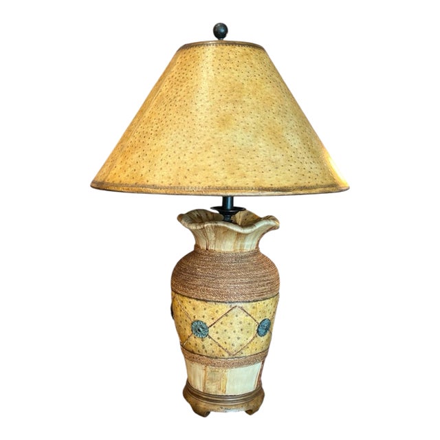 Vintage Maitland-Smith Hollywood Regency Table Lamp With Faux Ostrich Drum Shade For Sale