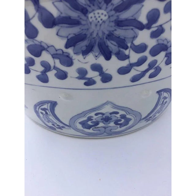 Ceramic Asian Garden Seat in Blue and White Floral Motifs For Sale In Palm Springs - Image 6 of 12