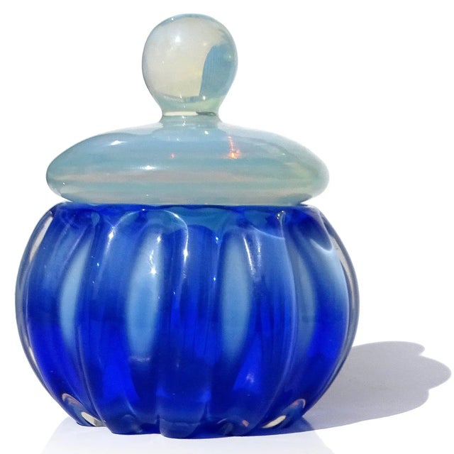 Beautiful vintage Murano hand blown opalescent sapphire blue and white Italian art glass vanity jar / powder box....