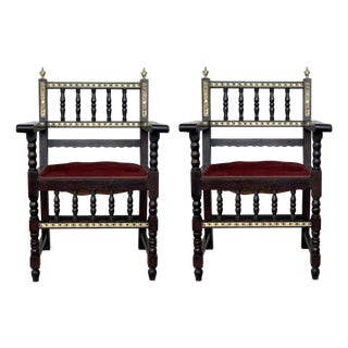 Late 19th Century Pair of Spanish Armchairs with Bronze Details and Red Velvet Upholstery For Sale