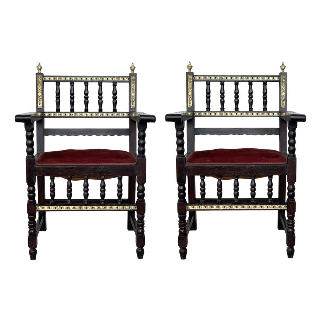 Late 19th Century Pair of Spanish Armchairs with Bronze Details and Red Velvet Upholstery For Sale
