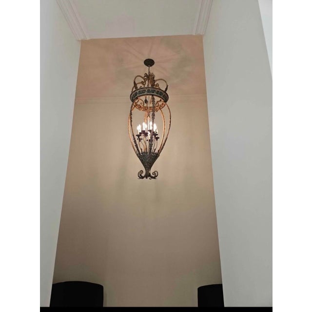 Spanish Revival 1980s Monumental Spanish Revival Hand-Forged Iron 10-Light Entryway Chandelier For Sale - Image 3 of 8